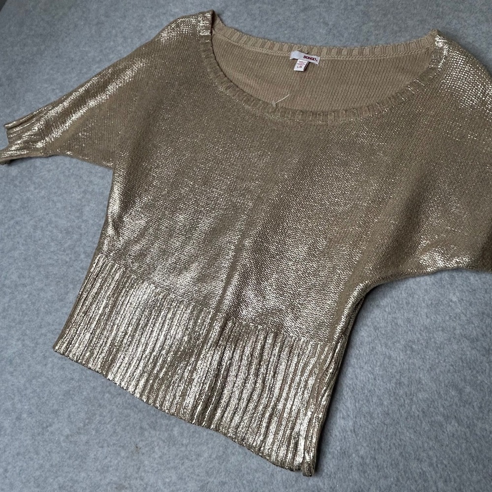 New Bongo Women's L Gold‎ Metallic Knit Dolman Sleeve Sweater Top Shimmery Chic